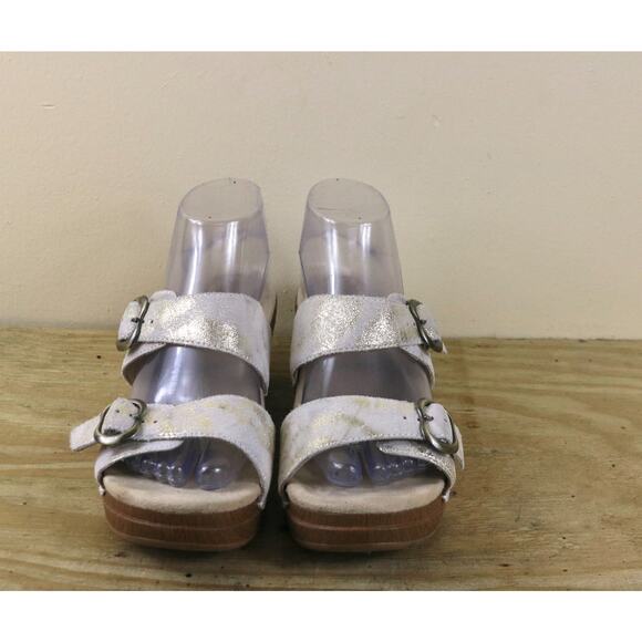 Dansko Sandals Womens 9 White Metallic God lSophie Leather 39 Wooden Heel - Picture 2 of 7